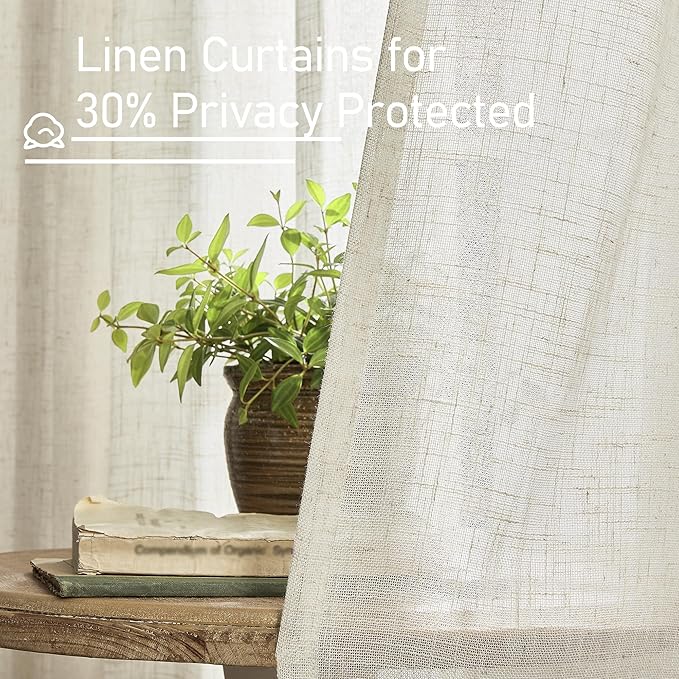 LAMIT Short Linen Kitchen Window Curtains 36 Inch Length, Over Sink Semi Sheer Light Filtering Panels Back Tab and Rod Pocket Drapes for Basement Bathroom Window, 2 Panels, Cream Ivory，34 x 36 Inch