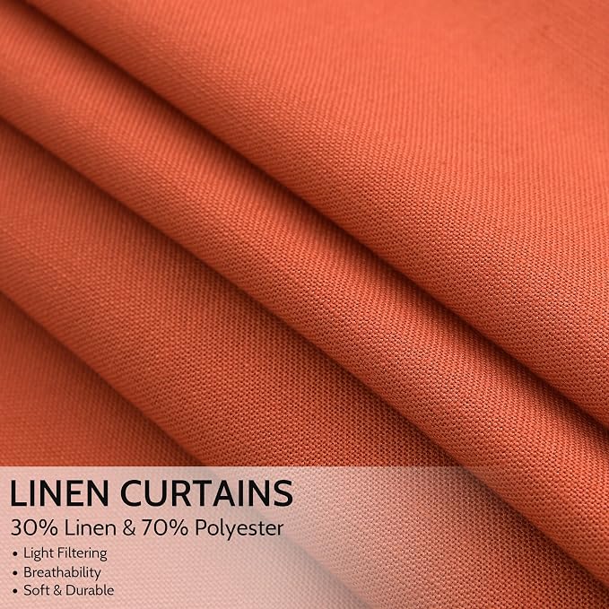 Nanspring Bright Orange Linen Blend Light Filtering Back Tab Curtains 102 Inches Long, Semi Sheer Privacy Drapes for Living Room & Bedroom, 52x102 inch, 2 Panels