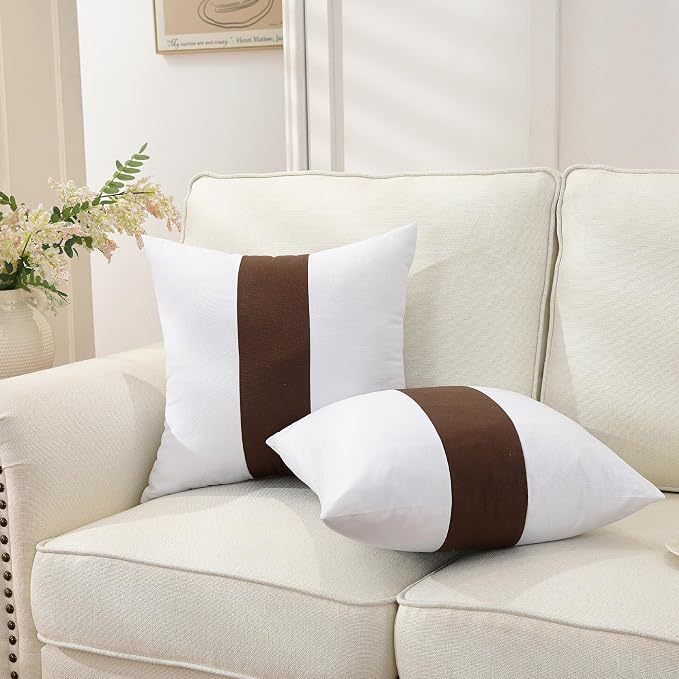 TAOSON Set of 2, 100% Cotton Canvas Patchwork Throw Pillow Covers 12x20 Inch Modern Brown Striped Pillow Cushion Covers Farmhouse Decor Pillow Cases for Couch Living Room Bed Sofa Decor