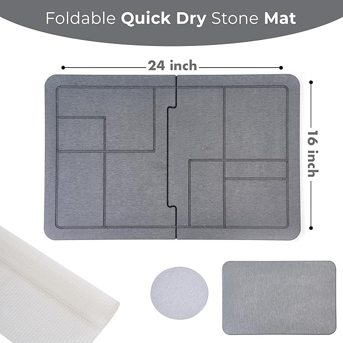 Large Stone Drying Mat for Kitchen Counter+Sink Caddy, 100% Natural Stone Dish Drying Mat, Quick Drying, Non-Toxic, BPA-Free, JIGSAW Drying Matt Kitchen Counter (Dark Gray 24"×16" & 8"x4")