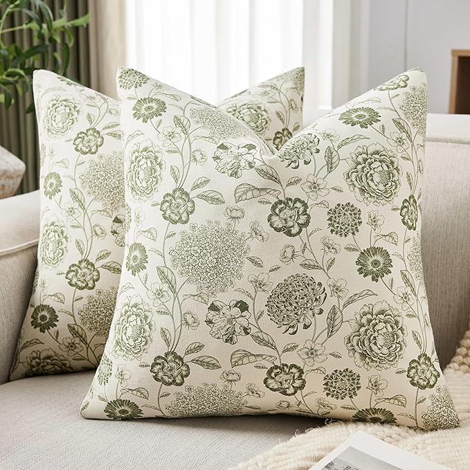 100% Cotton Botanical Throw Pillow Covers Set of 2, 20x20 Inch Moss, Farmhouse Double-Sided Floral Print Decorative Cushion Covers Pillow Cases Boho Home Decor