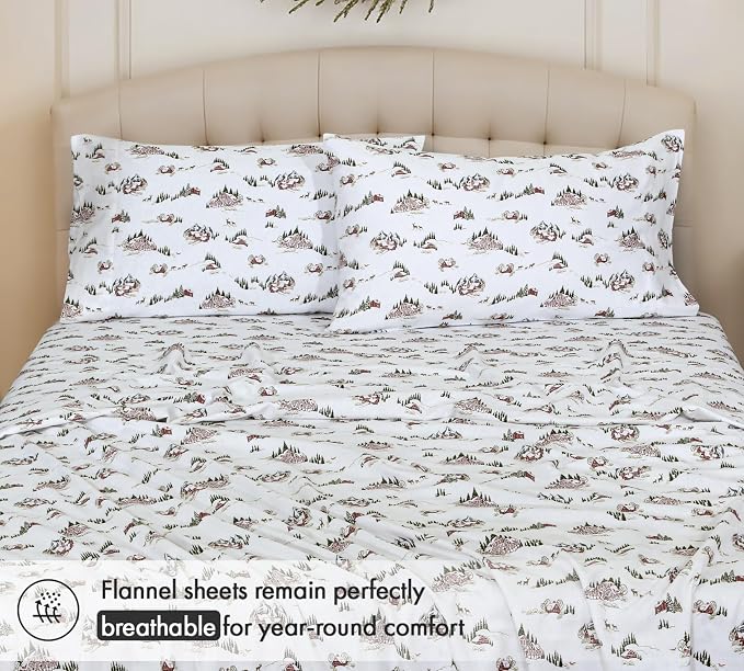 RUVANTI Flannel Sheets King Size - 100% Cotton Double Brushed King Bed Sheets Set - Deep Pockets 16 Inches - All Seasons Breathable & Extra Soft - Warm & Cozy, 4 Piece, Hilly Huts