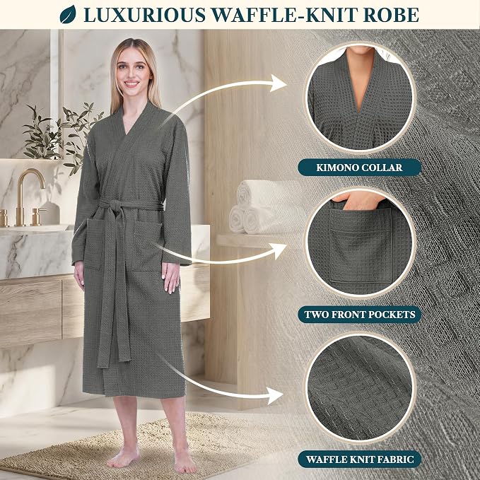 PAVILIA Womens Waffle Knit Robe Lightweight Cotton Blend Full Length House Bathrobe with Pockets