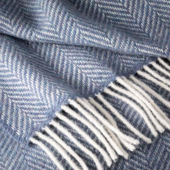Biddy Murphy Irish Merino and Cashmere Wool Throw Blanket, Made in Ireland, Heirloom Quality, 54" x 71", Denim and Cream Herringbone Pattern