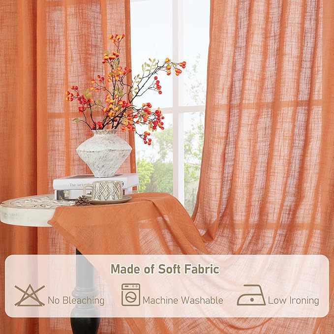LAMIT Sheer Linen Curtains 63 Inch for Bedroom, Light Filtering Country Decor Semi Sheer Farmhouse Boho Curtains Back Tab and Rod Pocket Living Room Panels, Burnt Orange, 2 Panels, 52 x 63 Inch