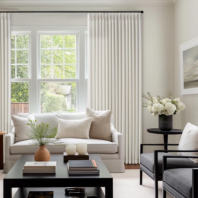 92 Inch Long Pinch Pleat Linen Curtains for Living Room 2 Panels Set Natural Cream Boho Semi Sheer Light Filtering Neutral 92 Inch Pleated Curtain with Rings Hooks Floor Ceiling Bedroom Window
