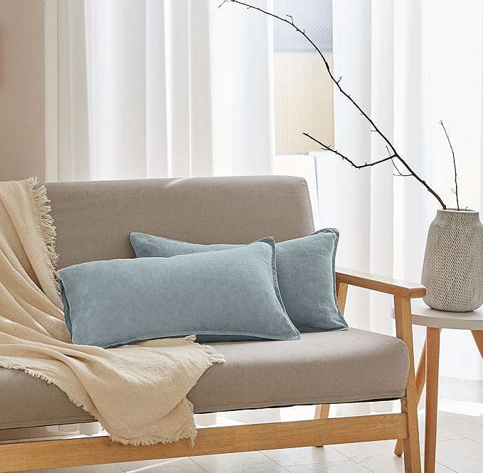 Simple&Opulence 100% Linen Lumbar Pillow Cover 12 x 20 Inches Set of 2 Rectangular Decorative Throw Cushion Cover for Couch Sofa Bed Living Room Office Soft Breathable Farmhouse - Dusty Blue