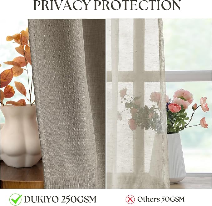 Tab Brown Neutral Linen Curtains Bronze Grommet Semi Sheer Non See Through Privacy Flax Burlap Drapes Cottagecore Boho Farmhouse Bay Window Curtains 90 Inches Long for Living Room Bedroom 52x90