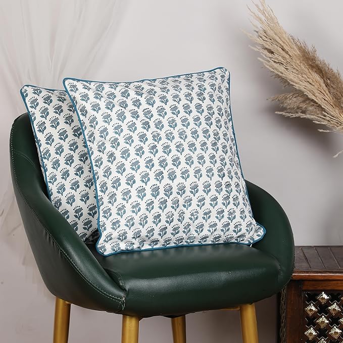 SheetKart Pure Cotton Throw Pillow Covers - Set of 2 - Hand Block Pure Cotton Printed Boho Decorative Pillow Covers - Cushion Covers for Living Room, Bohemian Theme, 16 x 16 Inches, Ocean Mist Teal