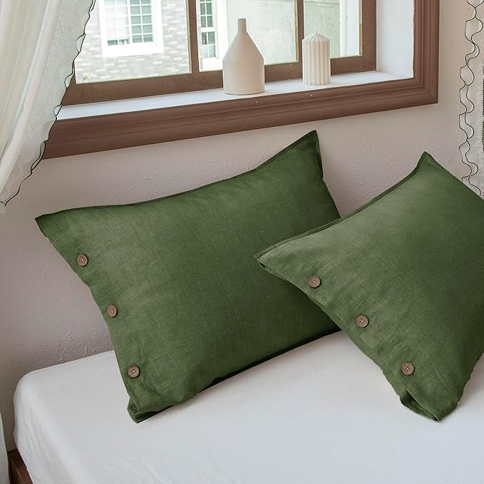 EVERLY 100% Linen Pillowcases Set of 2, French Linen from Normandy, 20X36Inch Standard Size, Natural Color, Coconut Buttons Closure, Flax Pillowshams-Pillowcase-Mossy Green