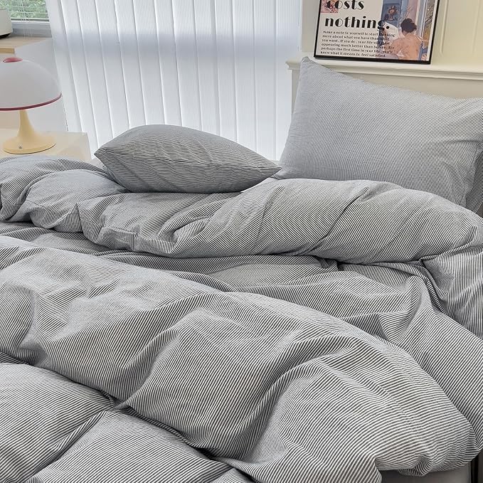 mixinni Grey Striped Duvet Cover Twin Size - 100% Washed Cotton Pinstripe Comforter Cover with Zipper Closure, Lightweight & Breathable, 3 Pieces Minimalist Stripes Pattern Printed Bedding Set