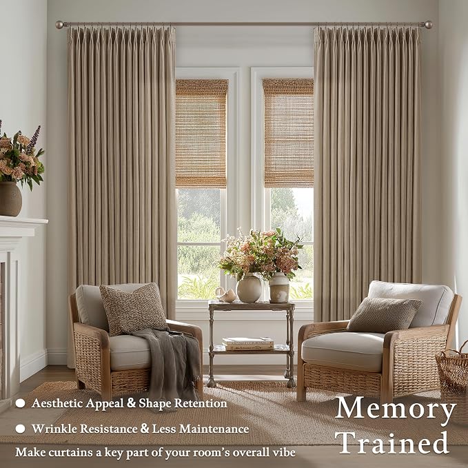 Extra Long Pleated Linen Curtains 120 Inches Length Light Brown Tan Farmhouse Light Filtering Memory Trained Window Curtain with Hooks Rings Back Tab Ceiling Floor Drapes 2 Panels Set for Living Room