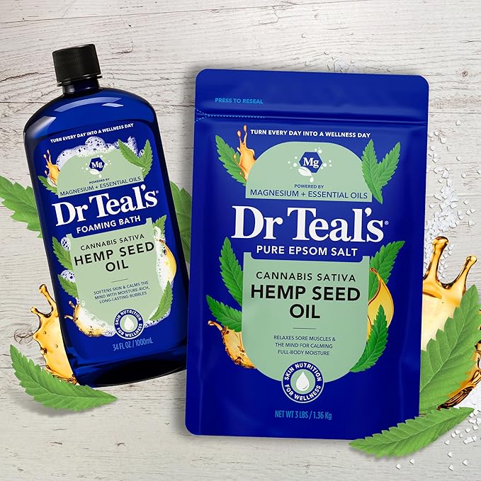 Dr Teal's Pure Epsom Magnesium Salt Soak, Cannabis Sativa Hemp Seed Oil, 3 lb