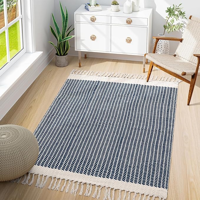 Lahome Belle Boho Bedroom Rug, 3x5 Kichen Rugs for Entryway Living Room Woven Washable Carpet with Tassels, Farmhouse Lightweight Navy Blue Non Shedding Floor Carpet for Bedroom Laundry