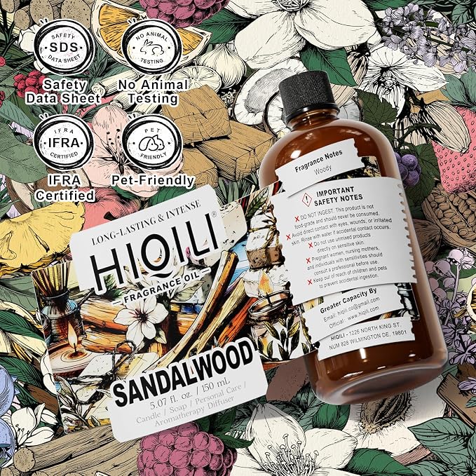 HIQILI Sandalwood Fragrance Oil, DIY Skin Care & Body Product - 5.07 Fl Oz | Long Lasting Luxury Hotel Scent for Home Diffuser, Perfect for Candle & Soap Making, Pet Safe, Graduated Dropper Included