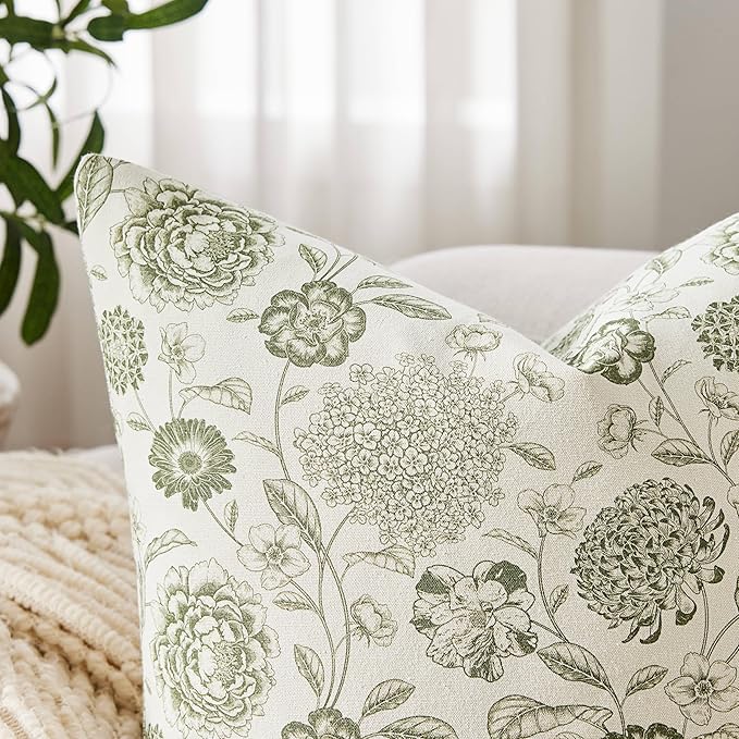 100% Cotton Botanical Throw Pillow Covers Set of 2, 24x24 Inch Moss, Farmhouse Double-Sided Floral Print Decorative Cushion Covers Pillow Cases Boho Home Decor