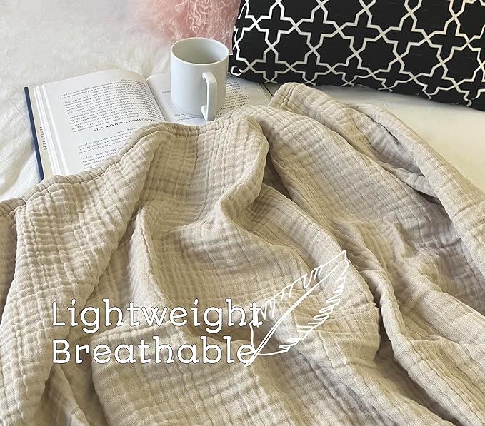KyraHome 100% Organic Cotton Throw Blankets for Adults, Couch 50"x60", Muslin Blanket, Pre-Washed Plant-Dyed, Breathable Lightweight Summer Throw Blanket, All Season (Oatmeal Khaki Tan)