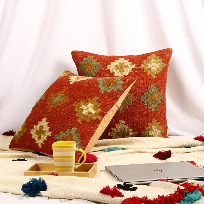 Trade Star Handwoven Pillowcase Set of 2 Throw Pillow Cover 70% Jute 30% Wool Kilim Cushion Cover Beautiful Cushion Case Decorative Authentic Pillow for Outdoor (Kilim 7)