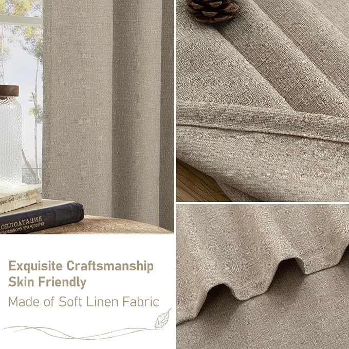 LAMIT Natural Linen Curtains 45 inch Length 2 Panels, Linen Textured Thermal Insulated Bedroom Curtains Grommet Privacy Burlap Light Filtering Drapes for Living Room/Farmhouse, W52 x L45, Taupe