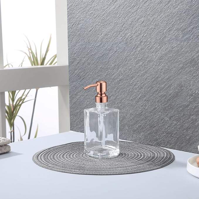 13.5 Oz Clear Glass Soap Dispenser with Rust Proof Stainless Steel Pump, Antique Design Refillable Square Lotion Dispenser for Bathroom, Premium Kitchen Hand Soap (Red Copper)
