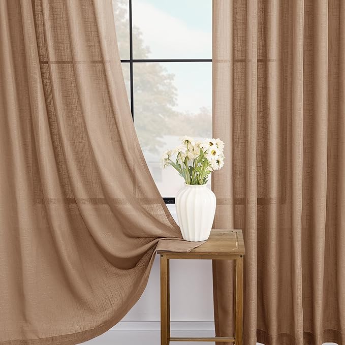 Brown Curtains for Living Room Back Tab Modern Farmhouse Semi Sheer Brown Curtains 72 inches Long 2 Panels Set Muted Neutral Window Curtain for Dining Room Bedroom 52x72