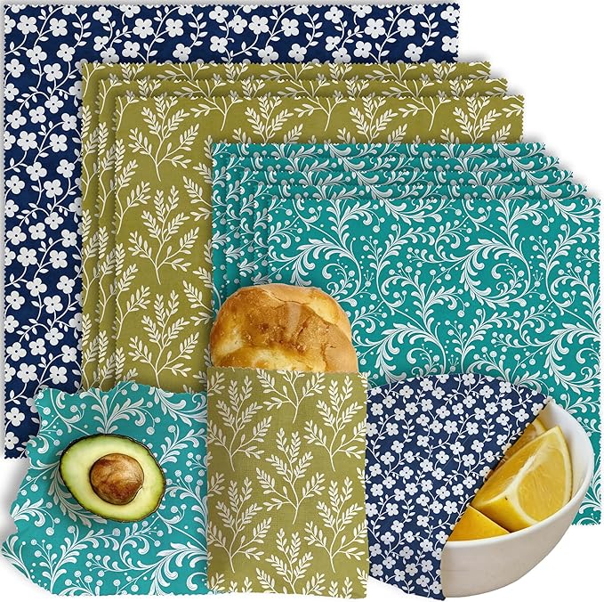 Reusable Beeswax Wraps, 9 Pack Sandwich, Snack, Bowl, Food Storage, Organic, Sustainable, Zero Waste, Plastic-Free, Eco-Friendly, 1XL, 3M, 5S, Blue Green Floral Botanical Prints