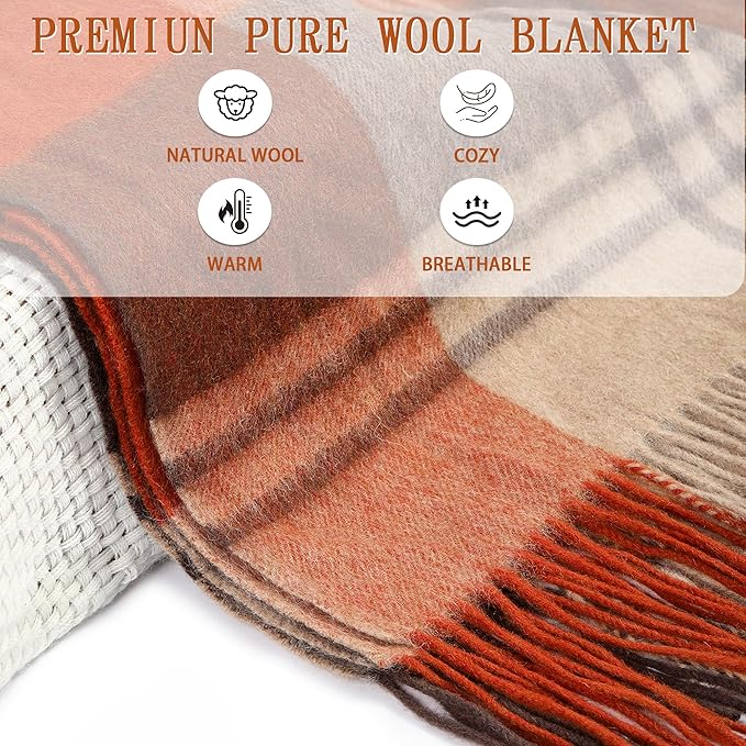 Soft Pure Wool Throw Blanket, Lightweight Warmth, 55"x83", Plaid, Fringe, Compact with Bag, Useful Gift for Women Men, All Season Decorative Cozy Travel Blanket for Couch Bed, Outdoors