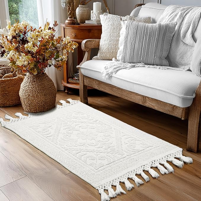 COTTON CRAFT Woven Area Rug - 2 Pack Cotton Jacquard Textured Rug - Boho Farmhouse Rustic Throw Rug with Fringe - Machine Washable Accent Mat for Bedroom Living Room Entryway Nursery - 20x32 - White