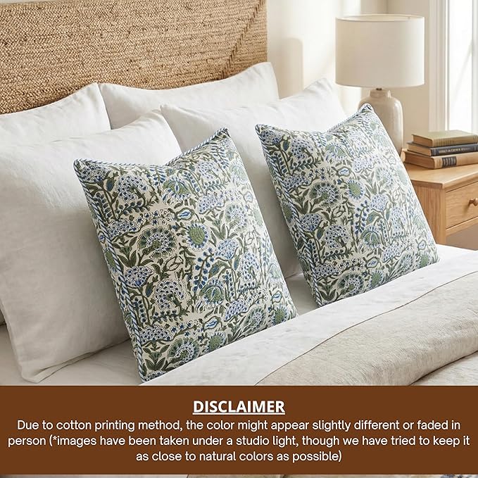 ATOSII Block Print Throw Pillow Covers, 24" X 24" - Set of 2, Decorative Couch Pillows for Living Room Bed Sofa, 100% Cotton Canvas Pillow Case for Home Decor & Outdoors, Preppy Throws - Clover Blue