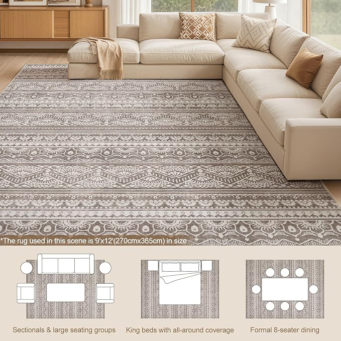 Tortania Area Rug Living Room Rugs - 9x12 Washable Large Soft Neutral Boho Moroccan Bohemian Farmhouse Rug Indoor Floor Carpet for Bedroom Under Dining Table Home Office Decor - Dark Brown