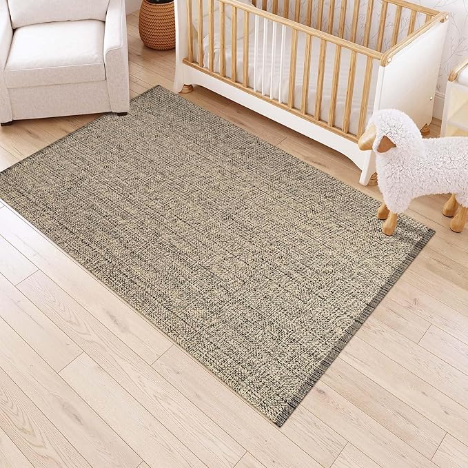 LEEVAN Washable Area Rug 4x6, Hand-Woven Cotton and Polyester Living Room Rug, Natural Braided Bedroom Rug, Farmhouse Indoor/Outdoor Floor Carpet for Patio, Nursery, Office