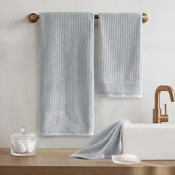 Madison Park Spa Waffle 100% Cotton Luxurious Towel Set, Premium Texture Waffle Weave, Highly Absorbent, Quick Dry, Hotel & Spa Quality Wash Clothes for Bathroom, Assorted Sizes, Blue 6 Piece