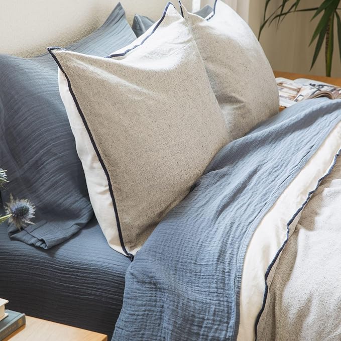 Oasis Full Sheet Set, Coastal Blue 100% Cotton Gauze 4-Pc. Sheet Set, Oeko-TEX Certified Full Sheets, with Flat Sheet, Fitted Sheet and 2 Pillowcases, Earth Tone Bedding