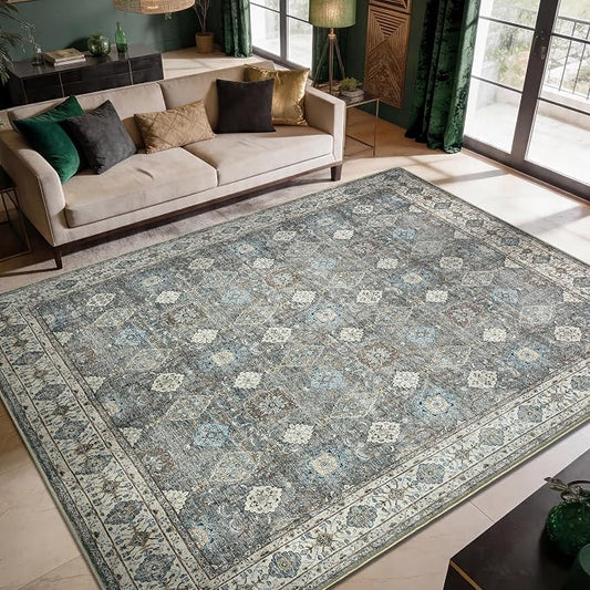 Keen Home Design 6x9 Rug - Machine Washable Area Rug with Non-Slip Backing, Ideal for Living Room, Dining Room, Bedroom - Vintage, Easy Clean, Durable, Low Pile Rug - (6' x 9')