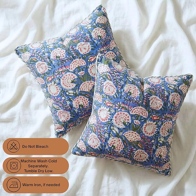 ATOSII Block Print Throw Pillow Covers, 20 X 20 - Set of 2, Decorative Couch Pillows for Living Room Bed Sofa, 100% Cotton Canvas Pillowcase for Home Decor & Outdoors, Preppy Throws - Clover Pink
