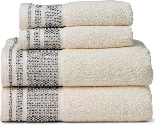 Texere 100% Organic Cotton Rice Weave Jacquard 700 GSM Luxury Bath Towel Set - 2 Large Bath Towels, 2 Hand Towels (Rice Weave, Cream w/Blk, 2 Bath & 2 Hand Towels)