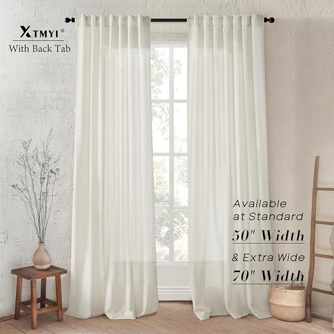 XTMYI 108 Inch Linen Curtains, Extra Long Ceiling Curtain for Track System with Hooks, Sheer Light Filitering 9FT 9 FT Curtains for Living Room Bedroom, Set of 2 Panel, Cream