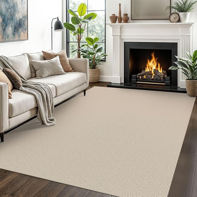 EARTHALL Woven Area Rugs 5x7 Ft Washable Living Room Rugs Non Slip Rubber Backed Dining Room Rug Braided Bedroom Rugs Indoor Floor Carpet for Living Room, Bedroom, Dining Room, Beige/Ivory