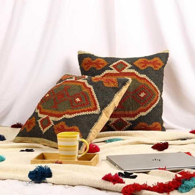 Trade Star 70% Jute 30% Wool Pillow Shams Handwoven Pillowcase Thich Rug Designer Cushion Cover Set of 2 Kilim Cushion Cover Throw Pillow Cover Decorative Vintage Pillow Case