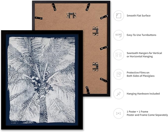 Monem Art Coastal Palm Tree Cyanotype Print - Blue and White Tropical Botanical Design Poster - Wall Decor for Beach House, Bedroom or Living Room - 12x16 Black Framed Wall Art by Renee Stramel