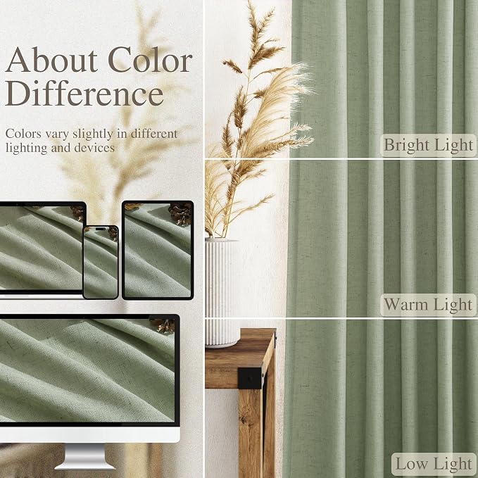 Nanspring Light Sage Linen Curtains 90 Inch Long 2 Panels Set for Bedroom Living Room Light Sage Linen Textured Window Drapes Semi Sheer Light Filtering Rod Pocket Back Tab Farmhouse Curtain 52x90