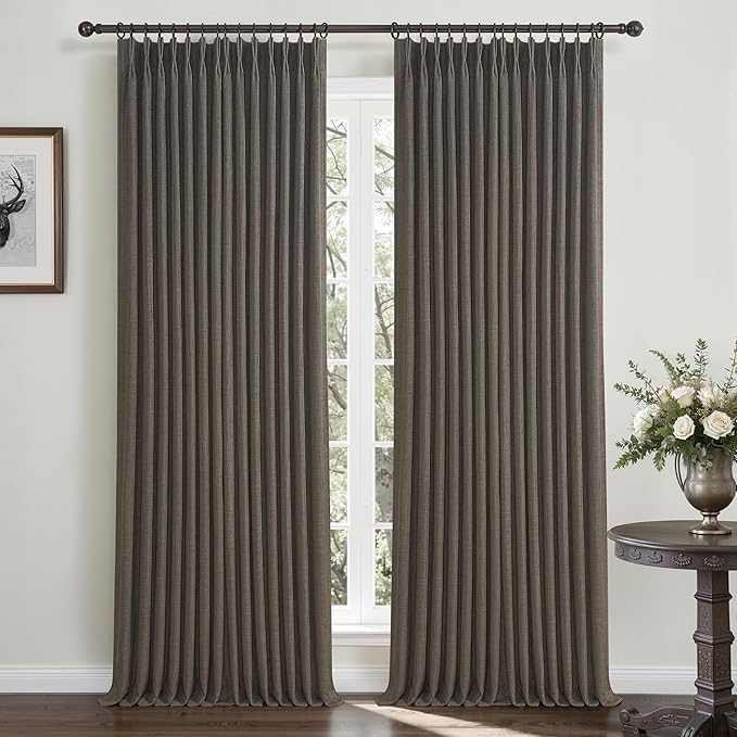Chocolate Tart Dual Layer Linen 92 Inch Office Curtains 2 Panels Set, Blackout Memory Trained Pinch Pleated Insulated Noise Cancelling Elegant Windows Curtain & Drapes for Living Room with Hooks Rings