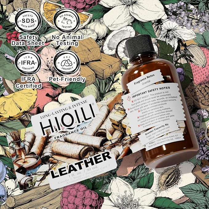 HIQILI Leather Fragrance Oil, Men's Scent for Car Air Freshener - 30ML | Suitable for Soap, Candle, Perfume Making, Long-Lasting Leather Scent, Pet Safe, Graduated Dropper Included