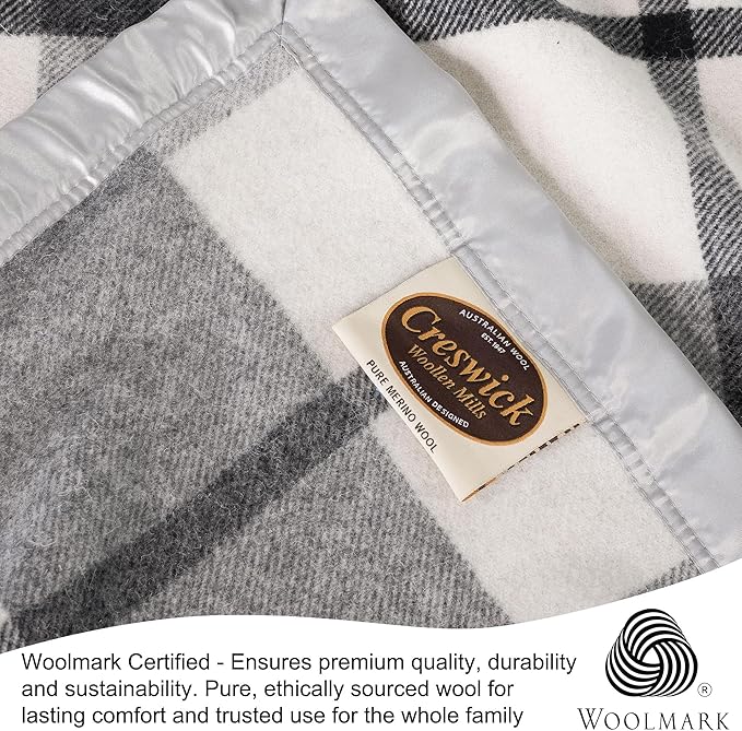 Creswick Woollen Mills 100% Australian Merino Wool Blanket – Soft Warm and Natural with Satin Binding, Breathable Luxury Bedding for All Seasons, (Gray Plaid, Full/Queen Size)
