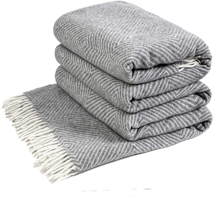 LYHome Merino Wool Blanket - Warm Throw for Cold Weather, Warmest Travel Outdoor Camping Blankets, Picnic Army and Military Throws, Comforter Soft & Cozy (55" x 79" Grey with White Rhombus)