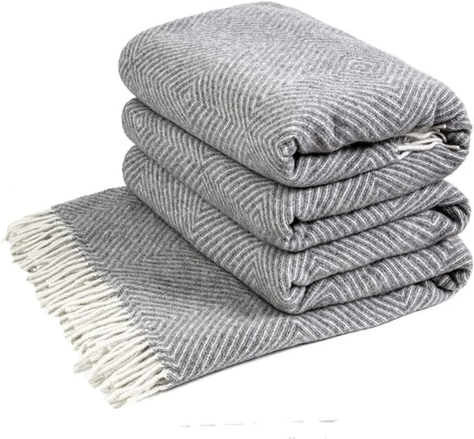 LYHome Merino Wool Blanket - Warm Throw for Cold Weather, Warmest Travel Outdoor Camping Blankets, Picnic Army and Military Throws, Comforter Soft & Cozy (55" x 79" Grey with White Rhombus)