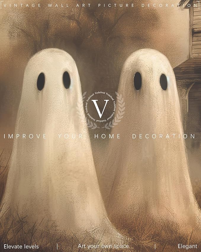 Vodefoad Retro Cute Ghost Decor Halloween Painting Spooky Silhouette Ghosts Haunted House Art Victorian Ghost Posters Pictures for Living Room, Bedroom, Bathroom, halloween Room decor - 8x10 Inch Unframed