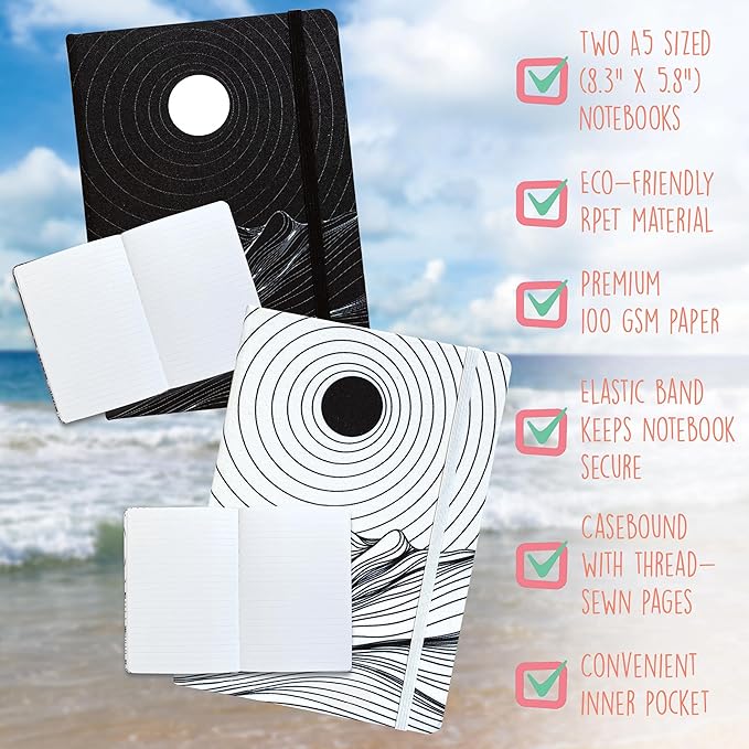 Better Office Products Recycled Plastic Bottle Notebook Journal, 8.3" x 5.8" (A5), 192 College Ruled Pages, Hardcover, Inner Pocket, Banded, Cover Made of Plastic Bottles (2, Black + White)