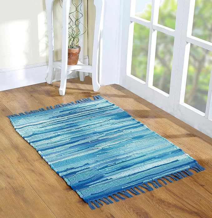 Cotton Rag Rug 24x36'' | 2x3' Multicolor Area Rug - Hand Woven, Washable & Reversible with Tassels - Perfect for Living Room, Kitchen, Entryway, or Bedroom (Aqua)