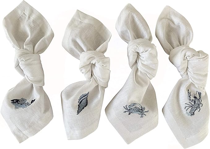 White Linen Dinner Napkins - 100% Linen Cloth - Fully Hemmed with Mitered Corners - Washable - Pack of 4 (Nautical Marine Embroidered)